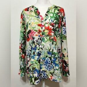 Talbots Petite Floral Botanical Half Button Up Popover Blouse